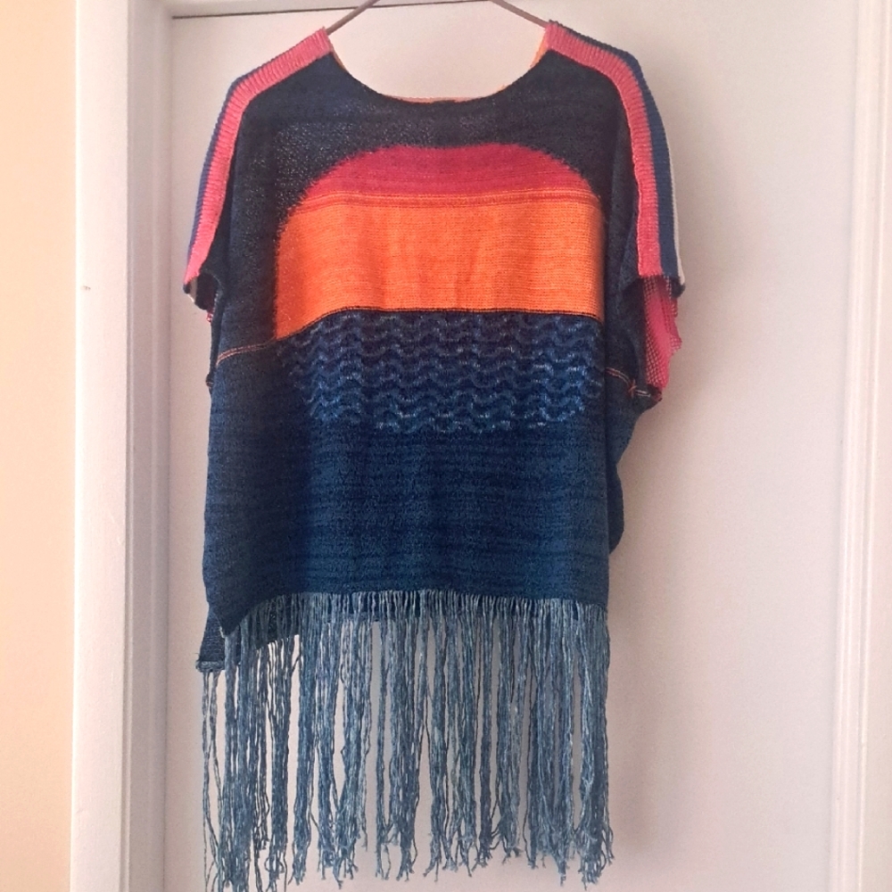 Free People Multicolor Knit  Fringe  Top/Tunic  Poncho  Sz S